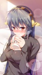 Rule 34 | 10s, 1girl, :o, alternate costume, black hair, blush, breasts, brown eyes, cleavage, cleavage cutout, clothing cutout, coffee mug, cup, hair between eyes, hair ornament, hairband, hairclip, haruna (kancolle), headgear, highres, kantai collection, light particles, light rays, long hair, looking at viewer, meme attire, mug, open-chest sweater, parted lips, ribbed sweater, solo, sunbeam, sunlight, sweater, turtleneck, very long hair, yuumaru (you-mya)