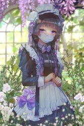 Rule 34 | 1girl, apron, black dress, black hair, blunt bangs, bow, braid, commentary, copyright request, cowboy shot, dress, flower, gradient hair, hair over shoulder, hair ribbon, hairband, hanato (seonoaiko), highres, juliet sleeves, long hair, long sleeves, looking at viewer, maid, mask, mole, mole under eye, mouth mask, multicolored hair, plant, puffy sleeves, purple bow, purple eyes, purple hair, purple ribbon, ribbon, solo, standing, twin braids, twintails, twitter username, waist apron, white apron, white flower