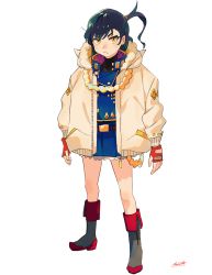 Rule 34 | 1girl, blue hair, blue jacket, blue skirt, closed mouth, coat, fingerless gloves, fold-over boots, full body, gloves, grey footwear, highres, jacket, looking at viewer, medium hair, one side up, open clothes, open coat, original, petite, red gloves, ryusei hashida, signature, simple background, skirt, solo, white background, yellow coat, yellow eyes