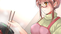 Rule 34 | apron, breasts, brown eyes, chopsticks, commentary request, cooking, dutch angle, fanged bangs, frying pan, glasses, highres, holding, holding chopsticks, light blush, miracle hoshi, original, pink apron, ribbed sweater, sauce, steam, sweater, turtleneck, turtleneck sweater, yellow eyes