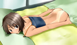 Rule 34 | 1girl, ass, bad id, bad pixiv id, bed, bed sheet, bedroom, blush, bottomless, brown eyes, brown hair, butt crack, covering privates, dark-skinned female, dark skin, embarrassed, face down, head on pillow, looking at viewer, looking up, lying, nude cover, on stomach, one-piece tan, open mouth, original, pillow, short hair, solo, tan, tanaka rikimaru, tanline, waiting