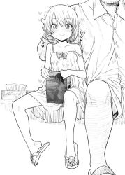 Rule 34 | 1boy, 1girl, age difference, child, dress, head out of frame, heart, looking at viewer, manga (object), monochrome, original, ponsuke (pon00000), sandals, short hair, shorts, sitting, strap slip, tissue, tissue box