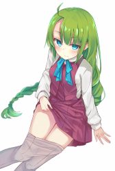 Rule 34 | 10s, 1girl, ahoge, blue bow, blue bowtie, blue eyes, bow, bowtie, braid, closed mouth, clothes pull, collared shirt, dress, eyebrows, from above, green hair, grey pantyhose, highres, kantai collection, long hair, long sleeves, looking at viewer, looking up, mole, mole under mouth, monobe tsukuri, pantyhose, pantyhose pull, pleated dress, pleated skirt, red skirt, red vest, school uniform, shirt, simple background, single braid, sitting, skirt, sleeveless, sleeveless dress, smile, solo, thigh gap, thighs, very long hair, vest, white background, white shirt, wing collar, yuugumo (kancolle)