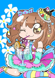Rule 34 | &gt;:o, 10s, 2girls, :3, :o, afloat, asymmetrical legwear, bare shoulders, bkub, blonde hair, blue background, blush, bow, bracelet, brown eyes, brown hair, cup, dress, drinking, drinking glass, drinking straw, elbow gloves, floral background, futaba anzu, gloves, hair bow, hair ornament, hat, idolmaster, idolmaster cinderella girls, innertube, jewelry, looking at viewer, mini hat, mini person, minigirl, moroboshi kirari, multicolored clothes, multicolored legwear, multicolored stripes, multiple girls, necktie, one-piece swimsuit, one eye closed, simple background, single thighhigh, sitting, sleeveless, smile, star (symbol), star hair ornament, striped, swim ring, swimsuit, textless version, thighhighs, twintails, uneven legwear, v-shaped eyebrows, wine glass, wink, yellow eyes