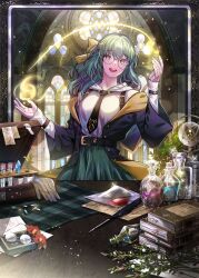 Rule 34 | 1girl, belt, belt buckle, book, book stack, bookmark, bow, brown eyes, buckle, crystal, eu (euspia), flask, glasses, glint, gloves, green hair, hair between eyes, hair bow, highres, hwang jeong-yeon, korean commentary, long hair, long sleeves, necktie, novel illustration, official art, open mouth, paper, pill, plant, potion, quill, regressor&#039;s instruction manual, round eyewear, solo, teeth, upper teeth only, vial, wide sleeves