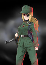 Rule 34 | 1girl, absurdres, belt, blonde hair, blurry, blurry background, breasts, commentary request, cross, eyepatch, german army, gun, hat, highres, hitch (perotoss), holster, holstered, iron cross, large breasts, looking at viewer, military, military hat, military uniform, mp40, original, ponytail, red eyes, solo, submachine gun, uniform, weapon