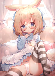Rule 34 | 1girl, animal ear fluff, animal ears, ass, black thighhighs, blonde hair, blue dress, blue eyes, blue ribbon, blush, borrowed character, bow, bow panties, cameltoe, carrot hair ornament, clothes lift, commission, dress, dress bow, dress lift, food-themed hair ornament, glasses, hair ornament, hair ribbon, hairpin, hand on own chest, highres, leg up, lifted by self, looking at viewer, medium hair, momozu komamochi, original, panties, rabbit ears, ribbon, sitting, skeb commission, solo, spread legs, striped clothes, striped thighhighs, thighhighs, underwear, white dress, white panties, white thighhighs