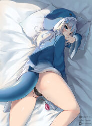 1girl animal_hood artist_name bed black_panties blue_eyes blue_hair blue_hoodie fins fish_tail gawr_gura gawr_gura_(1st_costume) grey_hair highres hololive hood hood_up hoodie long_hair long_sleeves lying mr.canaryy multicolored_hair on_stomach open_mouth panties sex_toy shark_girl shark_hood shark_tail solo streaked_hair tail thighs underwear vibrator vibrator_under_clothes vibrator_under_panties virtual_youtuber watermark