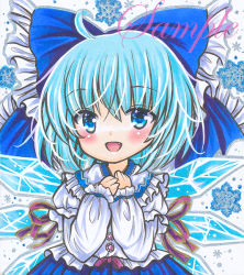 Rule 34 | 1girl, :d, ahoge, alternate costume, blue bow, blue eyes, blue hair, blue skirt, bow, cirno, cowboy shot, fang, frilled bow, frilled shirt, frilled shirt collar, frills, hair between eyes, hair bow, hands on own chest, ice, ice wings, juliet sleeves, long sleeves, looking at viewer, marker (medium), open mouth, puffy sleeves, purple ribbon, ribbon, rui (sugar3), sample watermark, shirt, skirt, smile, snowflake background, solo, touhou, traditional media, watermark, white background, white shirt, wings