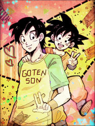 Rule 34 | 2boys, :d, age difference, bad id, bad pixiv id, black eyes, black hair, character name, clothes writing, dougi, dragon ball, dragonball z, dual persona, green shirt, hand on another&#039;s shoulder, happy, heart, jumping, long sleeves, looking at viewer, looking away, male focus, multicolored background, multiple boys, open mouth, pink background, shirt, short hair, short sleeves, smile, son goten, spiked hair, standing, star (symbol), starry background, teeth, time paradox, upper body, v, wristband, yellow background, yellow sleeves