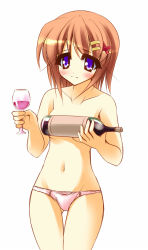 Rule 34 | 00s, alcohol, blush, bottle, breasts, brown hair, covering privates, covering breasts, cup, glass, lyrical nanoha, mahou shoujo lyrical nanoha, mahou shoujo lyrical nanoha a&#039;s, panties, short hair, solo, teruui, topless, underwear, wine, yagami hayate