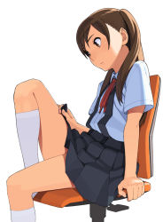 Rule 34 | 1girl, blush, brown eyes, brown hair, chair, flat chest, go robots, leg up, legs, long hair, original, school uniform, simple background, sitting, skirt, solo, twintails, white background