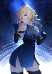 Rule 34 | 1girl, absurdres, bare shoulders, black gloves, blonde hair, blue dress, breasts, candy, dress, ekidona, food, genshin impact, gloves, hair ornament, highres, large breasts, lollipop, looking at viewer, lumine (genshin impact), medium breasts, miniskirt, night, shooting star, short hair, skirt, solo, star (sky), thighhighs, yellow eyes