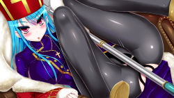 Rule 34 | 1girl, ass, blue hair, blush, breasts, chastity belt, coat, cross, cross necklace, dragon quest, dragon quest iii, hat, highres, huge breasts, jewelry, legs, legs up, long hair, looking at viewer, lying, necklace, on back, pantyhose, pink eyes, priest (dq3), solo, thighs, throne, tongue, tongue out, torn clothes, torn pantyhose, trubka