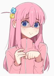 Rule 34 | 1girl, @ @, blue eyes, bocchi the rock!, calponpon, closed mouth, commentary, cropped torso, cube hair ornament, gotoh hitori, hair between eyes, hair ornament, hands up, jacket, long hair, looking at viewer, nervous, nervous smile, pink hair, pink jacket, simple background, smile, solo, sweat, track jacket, white background