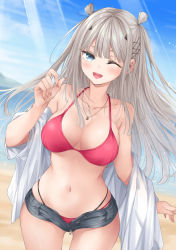 Rule 34 | 1girl, bare shoulders, beach, bikini, bikini under clothes, blue eyes, blue sky, blush, breasts, cleavage, collarbone, commentary request, grey hair, halterneck, highres, jewelry, large breasts, navel, necklace, ocean, off shoulder, one eye closed, open fly, open mouth, original, outdoors, red bikini, sand, shirt, short shorts, shorts, sidelocks, sky, smile, stomach, sunlight, swimsuit, water, white shirt, wing (aiastor)