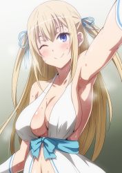 Rule 34 | 1girl, amagi brilliant park, arm at side, arm up, arm warmers, armpits, blonde hair, blue eyes, blue ribbon, blush, breasts, center opening, cleavage, closed mouth, collarbone, gradient background, grey background, hair between eyes, hair ribbon, hara (harayutaka), highres, large breasts, long hair, looking at viewer, navel, nervous sweating, no bra, one eye closed, outstretched arm, revealing clothes, ribbon, sideboob, sidelocks, smile, solo, steam, steaming body, sweat, sylphy (amaburi), two side up, upper body, very sweaty, white background