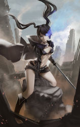 Rule 34 | 1girl, bikini, bikini under clothes, black bikini, black coat, black footwear, black gloves, black hair, black rock shooter, black rock shooter (character), black shorts, blue fire, boots, breasts, cleavage, closed mouth, coat, fire, flaming eye, floating hair, front-tie bikini top, front-tie top, gloves, hair between eyes, highres, holding, holding sword, holding weapon, hood, hood down, hooded coat, jiuyue lin, knee boots, long hair, looking at viewer, midriff, navel, open clothes, open coat, outdoors, short shorts, shorts, small breasts, solo, stomach, swimsuit, sword, twintails, weapon
