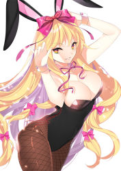 Rule 34 | 1girl, alternate costume, animal ears, bare shoulders, black leotard, blonde hair, bow, breasts, brown pantyhose, cleavage, cowboy shot, cross-laced clothes, detached collar, eyebrows, eyelashes, fishnet pantyhose, fishnets, hair bow, hand on own head, hands up, large breasts, leotard, long hair, looking at viewer, neck ribbon, orange eyes, pantyhose, pink bow, playboy bunny, purple ribbon, rabbit ears, red ribbon, ribbon, roh nam kyung, side-tie leotard, simple background, smile, solo, strapless, strapless leotard, touhou, very long hair, white background, wrist cuffs, yakumo yukari
