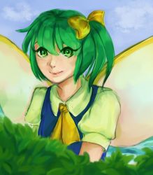 Rule 34 | 1girl, blue dress, bow, daiyousei, dress, fairy, fairy wings, green eyes, green hair, hair bow, hair ornament, hair ribbon, lionrion, looking at viewer, matching hair/eyes, puffy short sleeves, puffy sleeves, ribbon, short hair, short sleeves, side ponytail, smile, solo, touhou, upper body, vest, wings