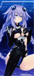 Rule 34 | 1girl, absurdres, blush, braid, breasts, choujigen game neptune mk2, covering breasts, covering privates, embarrassed, gloves, highres, leotard, long hair, looking at viewer, neon trim, neptune (series), official art, power symbol, power symbol-shaped pupils, purple hair, purple heart (neptunia), scan, solo, symbol-shaped pupils, torn clothes, tsunako, twin braids, very long hair