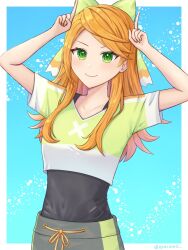 Rule 34 | 1girl, bow, crop top, etie (fire emblem), fire emblem, fire emblem engage, green bow, green eyes, green shirt, highres, looking at viewer, nintendo, orange hair, oyusame, shirt, smile, solo, swept bangs, training outfit (fire emblem engage), workout clothes