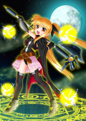 Rule 34 | &gt;:o, 1girl, :o, angry, arm strap, armor, asymmetric gloves, asymmetrical gloves, aura, bardiche (bullova form) (nanoha), bardiche (nanoha), belt, belt skirt, black gloves, black thighhighs, blonde hair, blush, buckle, electricity, energy ball, fate testarossa, fate testarossa (lightning form) (2nd), fighting stance, flat chest, floating hair, from side, full body, full moon, gloves, greaves, hair ribbon, halberd, high heels, highres, holding, holding weapon, kashii minazuki, leaning back, legs apart, leotard, light trail, long hair, looking at viewer, lyrical nanoha, magic circle, magical girl, mahou shoujo lyrical nanoha, mahou shoujo lyrical nanoha a&#039;s, mahou shoujo lyrical nanoha the movie 2nd a&#039;s, miniskirt, moon, open mouth, orange eyes, over shoulder, pleated skirt, polearm, ribbon, runes, skirt, solo, standing, thighhighs, twintails, uneven gloves, v-shaped eyebrows, vambraces, very long hair, weapon, weapon over shoulder, yellow eyes