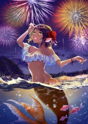 Rule 34 | 1girl, :d, aerial fireworks, ahoge, air bubble, arm up, bare shoulders, blush, braid, breasts, brown hair, bubble, cloud, cloudy sky, collarbone, commentary request, fins, fireworks, fish, flower, french braid, frills, groin, hair between eyes, hair flower, hair ornament, head fins, highres, ichino tomizuki, looking up, medium breasts, medium hair, mermaid, monster girl, nail polish, navel, night, open mouth, orange nails, original, partially underwater shot, scales, sidelocks, sky, smile, solo, split tail, stomach, swept bangs, tan, teeth, upper teeth only, wet, wristband, yellow eyes