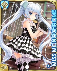 Rule 34 | 1girl, :o, black dress, blue eyes, blunt bangs, brown background, card, character name, checker pattern, checkered clothes, checkered legwear, day, dress, girlfriend (kari), idol, indoors, miss monochrome, miss monochrome (character), official art, open mouth, qp:flapper, skirt, solo, standing, tagme, thighhighs, twintails, white footwear, white hair