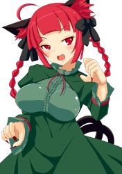 Rule 34 | 1girl, :d, ahoge, animal ears, braid, breasts, cat ears, cat tail, dress, fang, highres, himenomikan, kaenbyou rin, large breasts, nail polish, open mouth, red eyes, red hair, red nails, smile, solo, tail, touhou, twin braids