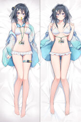 Rule 34 | 1girl, absurdres, arknights, barefoot, bed sheet, bikini, bikini pull, black hair, blue jacket, blush, breasts, closed mouth, clothes pull, collarbone, dakimakura (medium), feather hair, from above, full body, gluteal fold, goggles, goggles around neck, grey eyes, hair bun, hair intakes, hair ornament, hairclip, hand on own chest, highres, id card, jacket, unworn jacket, la pluma (arknights), la pluma (summer flowers) (arknights), long sleeves, looking at viewer, lying, medium breasts, mouth hold, multiple views, navel, official alternate costume, on back, open clothes, open jacket, pulled by self, short hair, single hair bun, single side bun, smile, stomach, swimsuit, thigh strap, underboob, whistle, white bikini, xiang cheng (nido)