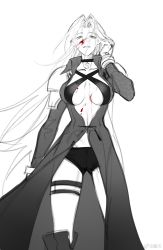 Rule 34 | absurdres, armor, black choker, blood, blood on face, chinese commentary, choker, final fantasy, final fantasy vii, genderswap, green eyes, greyscale, highres, long coat, long hair, monochrome, pauldrons, sephiroth, shoulder armor, slit pupils, xianyu314
