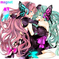 Rule 34 | 2girls, aqua nails, bad id, bad pixiv id, blue eyes, bug, butterfly, butterfly wings, dress, elbow gloves, fingerless gloves, gloves, green eyes, green hair, hakuk, hat, hatsune miku, headphones, insect, insect wings, long hair, magnet (vocaloid), megurine luka, mini hat, mini top hat, multiple girls, nail polish, pink hair, top hat, vocaloid, wings, yuri