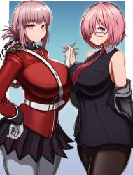 Rule 34 | 2girls, belt, black legwear, breast press, breasts, clothes pull, commission, dress, expressionless, fate/grand order, fate (series), florence nightingale (fate), folded ponytail, glasses, gloves, hair over one eye, hand on own hip, highres, holding hands, huge breasts, jacket, jacket pull, large breasts, long hair, mash kyrielight, military, military uniform, miniskirt, multiple girls, own hands together, pantyhose, pink eyes, pink hair, pleated skirt, purple eyes, short dress, short hair, skirt, sleeveless, sleeveless dress, smile, standby, symmetrical docking, uniform, white belt, white gloves, white legwear