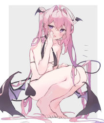 Rule 34 | 1girl, absurdres, barefoot, bikini, black bikini, blush, breasts, demon girl, demon tail, demon wings, full body, hair between eyes, hand to own mouth, head wings, highres, long hair, looking at viewer, multicolored hair, original, otintin, pink hair, purple eyes, purple hair, simple background, small breasts, solo, squatting, swimsuit, tail, twintails, very long hair, wings