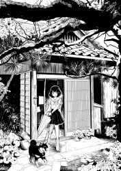 Rule 34 | 1girl, :d, architecture, boots, branch, commentary request, dog, pet walking, east asian architecture, greyscale, highres, holding, holding umbrella, japanese house, leaf, leash, looking down, monochrome, nikaidou kou, open door, open mouth, original, pot, rubber boots, school uniform, short hair, skirt, smile, tree, umbrella