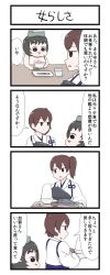 Rule 34 | 10s, 2girls, 4koma, bowl, chibi, comic, diving mask, diving mask on head, fish, food, gaiko kujin, goggles, goggles on head, highres, japanese clothes, kaga (kancolle), kantai collection, maru-yu-san, maru-yu (kancolle), multiple girls, muneate, rice bowl, side ponytail, simple background, swimsuit, translation request, tray