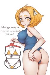 Rule 34 | !, 1girl, ass, ass grab, bikini, blonde hair, bra, breasts, bright pupils, clothes hanger, cropped legs, english text, hair ornament, highres, huge ass, large breasts, looking down, applying manicure, original, parted lips, rightsorcerer, school swimsuit, short hair, sign, simple background, swimsuit, underwear, unworn bikini, white background, white pupils, yellow eyes