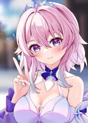 Rule 34 | 1girl, absurdres, armpit crease, bare shoulders, blue eyes, blue hair, blurry, blurry background, blush, bokeh, breasts, cleavage, closed mouth, colored tips, commentary request, depth of field, hair between eyes, hand up, highres, honkai: star rail, honkai (series), looking at viewer, march 7th (honkai: star rail), medium breasts, medium hair, multicolored hair, nail polish, official alternate costume, parika, partial commentary, pink eyes, pink hair, smile, solo, tiara, two-tone eyes, upper body, v