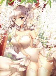 Rule 34 | 10s, 1girl, alternate costume, bad id, bad pixiv id, blue eyes, breasts, dress, elbow gloves, garter straps, gloves, hair between eyes, highres, kantai collection, kashima (kancolle), large breasts, leotard, long hair, meaomao, silver hair, smile, solo, thighhighs, two side up, wedding dress, white dress, white gloves, white thighhighs