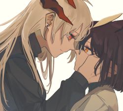 Rule 34 | 2girls, arknights, bad id, bad pixiv id, black coat, brown hair, coat, dragon horns, earrings, eye contact, feather hair, forehead-to-forehead, glasses, hand on another&#039;s head, heads together, highres, horns, jewelry, long hair, looking at another, multiple girls, noses touching, orange eyes, saria (arknights), short hair, silence (arknights), simple background, turtleneck, white background, white coat, white hair, yuri, zy (zyyyyyyy9)