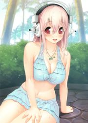 Rule 34 | 1girl, absurdres, arm support, bikini, bikini skirt, blush, breasts, bush, cleavage, frilled bikini, frills, hand on own thigh, hand on thigh, headphones, highres, jewelry, large breasts, long hair, looking at viewer, navel, necklace, nitroplus, open mouth, pendant, pink eyes, pink hair, shiny skin, skirt, smile, solo, super sonico, sweat, swimsuit, tree, tsuji santa