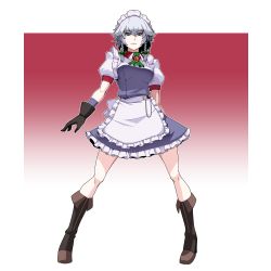 Rule 34 | &gt;:(, 1girl, absurdres, apron, arms at sides, ascot, black footwear, black gloves, blue dress, blue eyes, boots, bow, braid, breasts, brooch, closed mouth, dress, frown, full body, gloves, green bow, hair bow, highres, izayoi sakuya, jewelry, kikoka (mizuumi), looking at viewer, maid, maid headdress, medium breasts, puffy short sleeves, puffy sleeves, serious, short hair, short sleeves, silver hair, solo, standing, touhou, twin braids, v-shaped eyebrows, waist apron