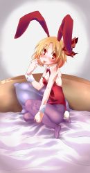 Rule 34 | 1girl, amagase lyle, animal ears, bare shoulders, bed, blonde hair, blush, rabbit ears, rabbit tail, fishnet pantyhose, fishnets, hair ribbon, highres, pantyhose, playboy bunny, red eyes, ribbon, rumia, saliva, saliva trail, solo, tail, tongue, tongue out, touhou