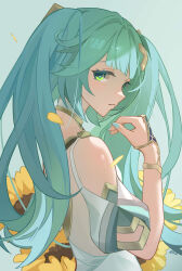 Rule 34 | 1girl, absurdres, ai dongdong, bare shoulders, blue background, blue hair, blue nails, clothing cutout, detached sleeves, eyebrows hidden by hair, faruzan (genshin impact), flower, from side, genshin impact, green eyes, hand up, highres, long bangs, long hair, looking at viewer, nail polish, raised eyebrows, shirt, shoulder cutout, sidelocks, simple background, solo, sunflower, symbol-shaped pupils, triangle-shaped pupils, twintails, upper body, white shirt, white sleeves