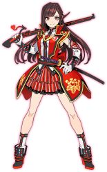 Rule 34 | 1girl, ankle boots, boots, braid, brown hair, crown braid, full body, gloves, gun, long hair, looking at viewer, oda azumi, official art, outline, over shoulder, red eyes, reki connect, rifle, sheath, sheathed, smile, solo, sword, transparent background, weapon, weapon over shoulder, white gloves