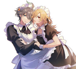 Rule 34 | 2boys, :o, ahoge, alhaitham (genshin impact), alternate costume, apron, black dress, black ribbon, blonde hair, closed mouth, collared dress, commentary request, crossdressing, crossed arms, dress, enmaided, expressionless, frilled apron, frilled dress, frills, genshin impact, green eyes, green hair, grey hair, hair between eyes, hair over one eye, hair ribbon, highres, juliet sleeves, kaveh (genshin impact), light frown, long hair, long sleeves, looking at viewer, maid, maid apron, maid headdress, male focus, ml (sysynemuru), multicolored hair, multiple boys, one eye covered, open mouth, parted bangs, puffy short sleeves, puffy sleeves, red eyes, ribbon, short hair, short sleeves, simple background, sweatdrop, swept bangs, waist apron, white apron, white background, wing collar, wrist cuffs