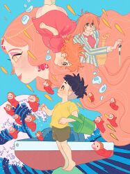 Rule 34 | 2boys, 6+girls, absurdres, ascot, barefoot, black hair, blue background, blunt ends, boat, bodysuit, bowl cut, bubble, bucket, child, collared shirt, dress, earrings, eyeshadow, family, father and daughter, feet out of frame, floating, forehead jewel, fujimoto (ponyo), full body, gake no ue no ponyo, gem, granmamare, grey shorts, hair between eyes, highres, holding, holding bucket, jacket, jewelry, long hair, makeup, mother and daughter, multiple boys, multiple girls, ocean, orange hair, parent and child, parted bangs, parted lips, petticoat, pink eyeshadow, ponyo, ponyo sisters, popped collar, profile, puffy short sleeves, puffy sleeves, red ascot, red bodysuit, red dress, red gemstone, red lips, shirt, short hair, short sleeves, shorts, smile, sousuke (ponyo), sparkle, striped clothes, striped jacket, studio ghibli, sue kim, upper body, very long hair, watercraft, waves, wavy hair, white shirt, yellow eyes, yellow shirt