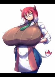 Rule 34 | 1girl, apron, artist request, neck bell, breasts, collar, cow girl, cow tail, gigantic breasts, glasses, gradient hair, horns, necktie, pink eyes, red hair, source request, tagme, tail, white hair