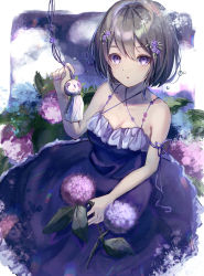 Rule 34 | 1girl, absurdres, arm ribbon, bare arms, bare shoulders, blush, breasts, brown hair, cago032, cleavage, criss-cross halter, dress, flower, hair flower, hair ornament, halterneck, hand on lap, highres, holding, holding flower, hydrangea, looking at viewer, medium breasts, nail polish, original, parted lips, purple eyes, ribbon, short hair, sleeveless, sleeveless dress, solo, teruterubouzu, thick eyebrows, water drop